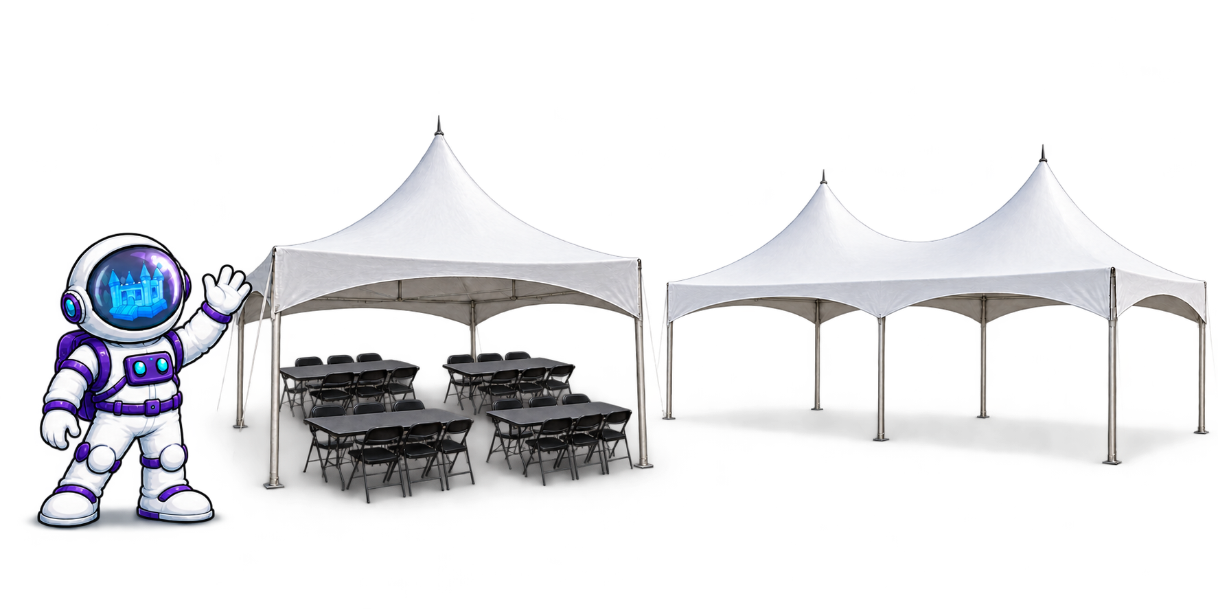 Astro beside white high peak tents with tables and chairs for Midland tent rentals