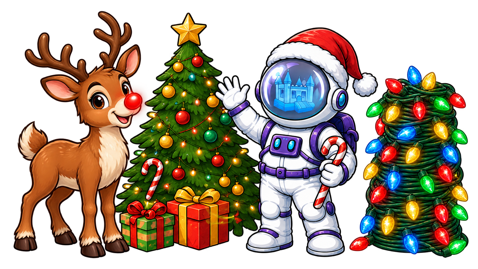 Cloud 9 Astro with a reindeer, tree and lights for Midland Christmas light installation