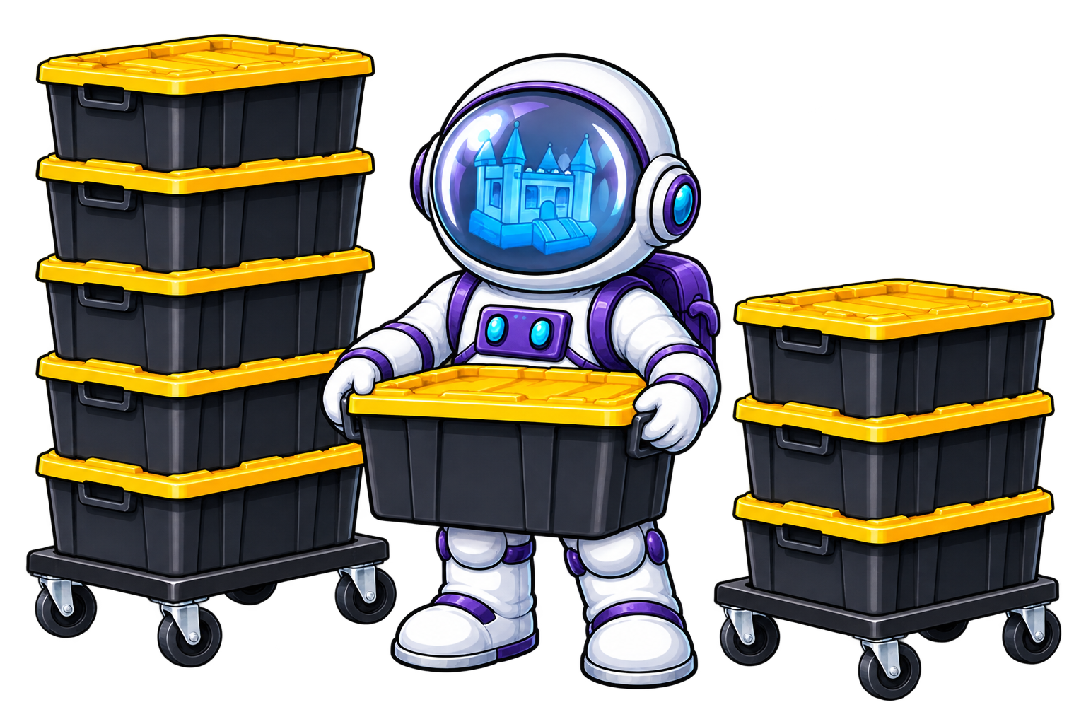Astro with black and yellow bins and dollies for Midland moving tote rentals