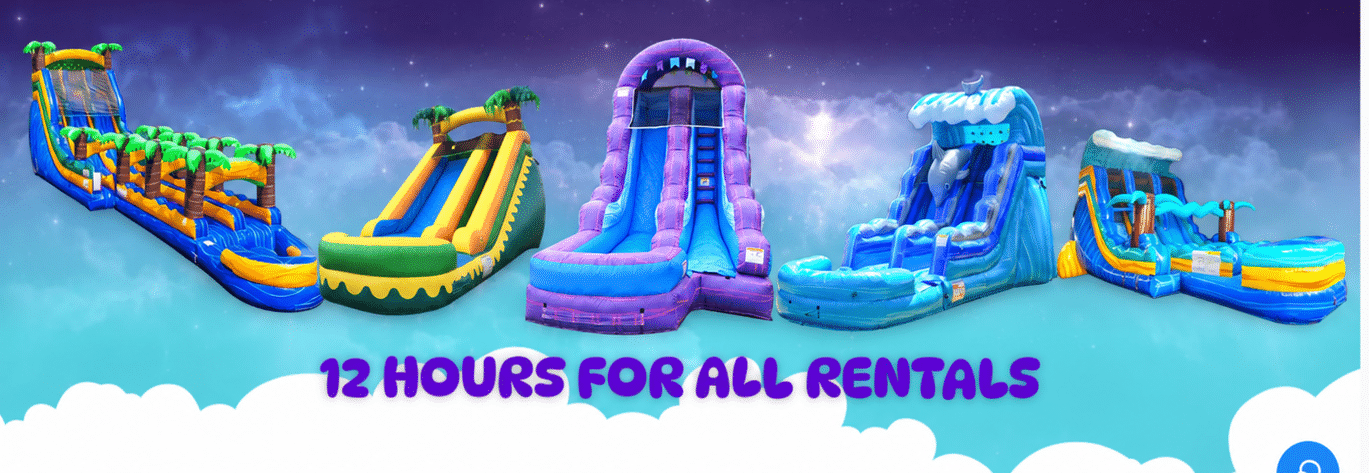 Five Midland water slide rentals: Island Dash, Tropical, Purple Lightning, Dolphin and Riptide Racer. 12 hours for all rentals.